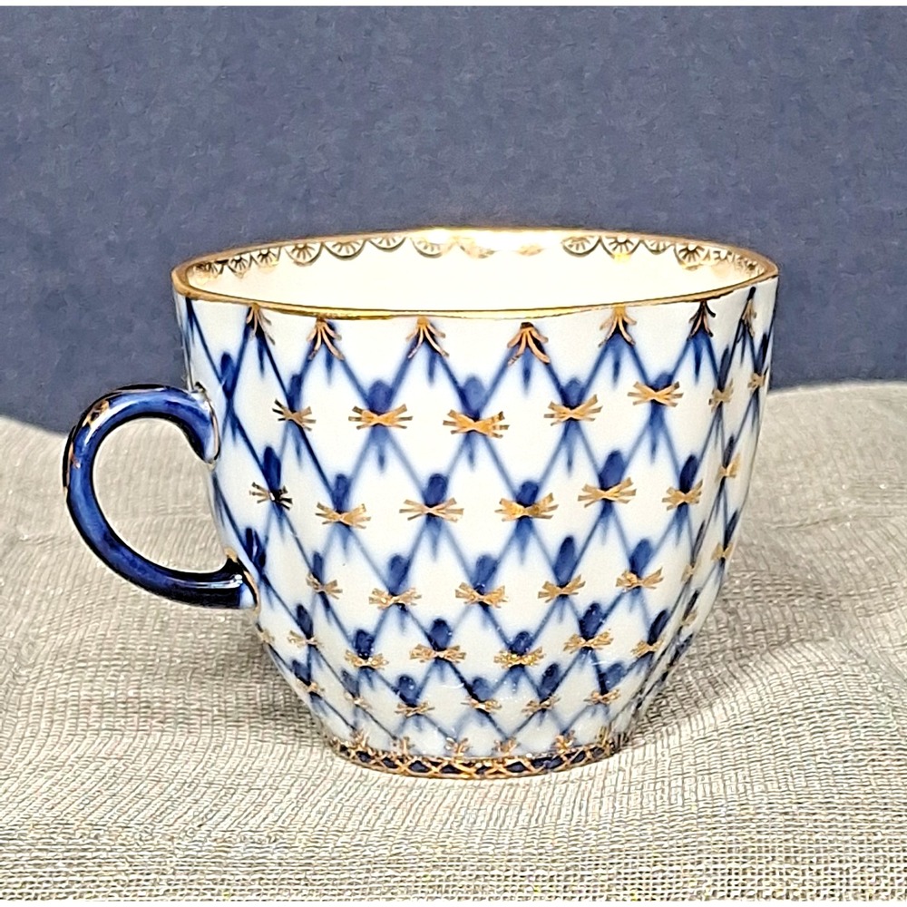 Lomonosov LFZ Cobalt Net Gold Teacup Russia Porcelain Blue Vintage 70s Russian